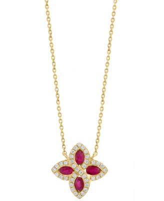 EFFY&reg; Ruby (7/8 ct. t.w.) & Diamond (1/4 ct. t.w.) Flower 18" Pendant Necklace in 14k Gold