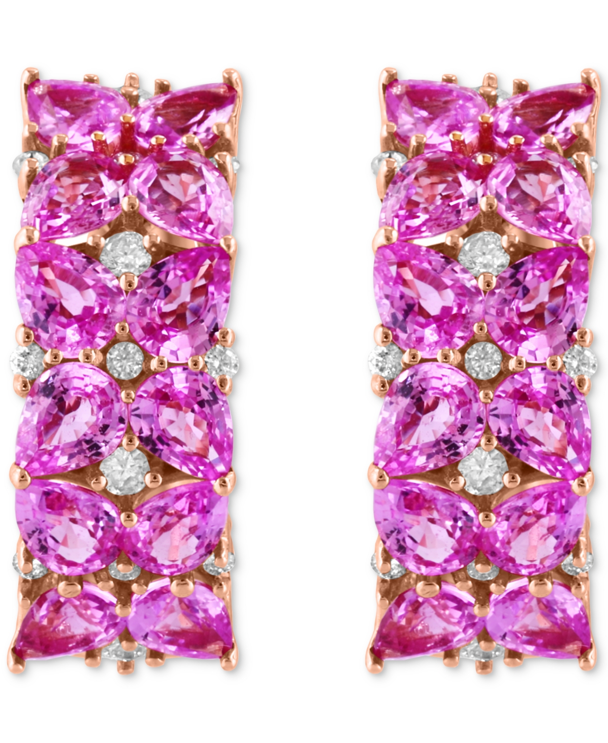 Effy Collection Effy Pink Sapphire (5 Ct. T.w.) & Diamond (1/4 Ct. T.w.) Pear Cluster Small Hoop Earrings In 14k Ros In Rose Gold