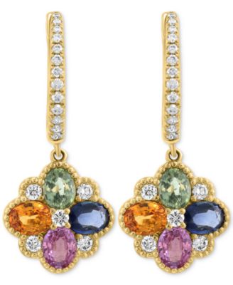 EFFY&reg; Multi-Sapphire (1-7/8 ct. t.w.) & Diamond Flower Dangle Hoop Earrings in 14k Gold