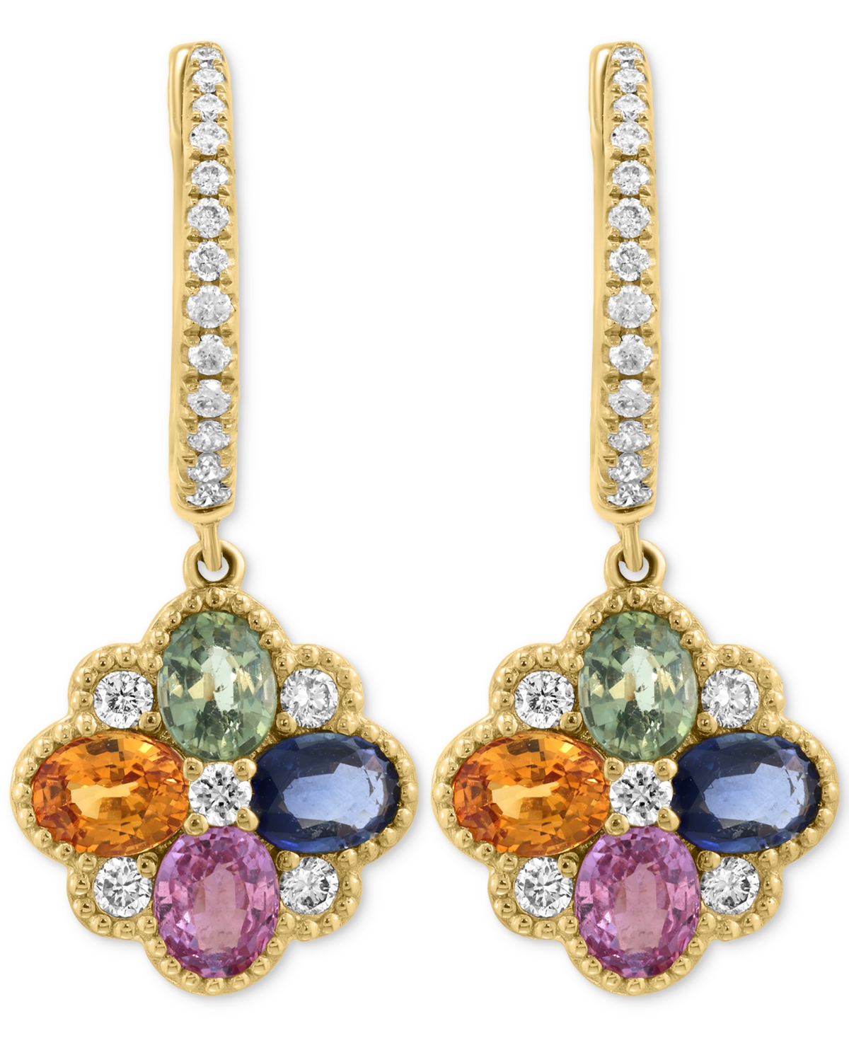 EFFY COLLECTION EFFY MULTI-SAPPHIRE (1-7/8 CT. T.W.) & DIAMOND FLOWER DANGLE HOOP EARRINGS IN 14K GOLD 