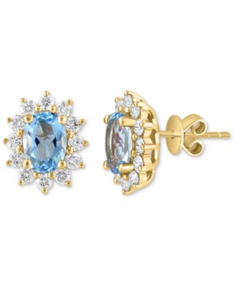 EFFY Collection - Diamond (5/8 ct. t.w.) & Aquamarine (1 ct. t.w.) Oval Halo Stud Earrings in 14k Gold