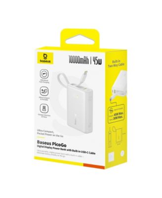 Power Bank, Picogo 10000mAh 45W 3-Output Portable Charger with Built-in USB-C Cable, White