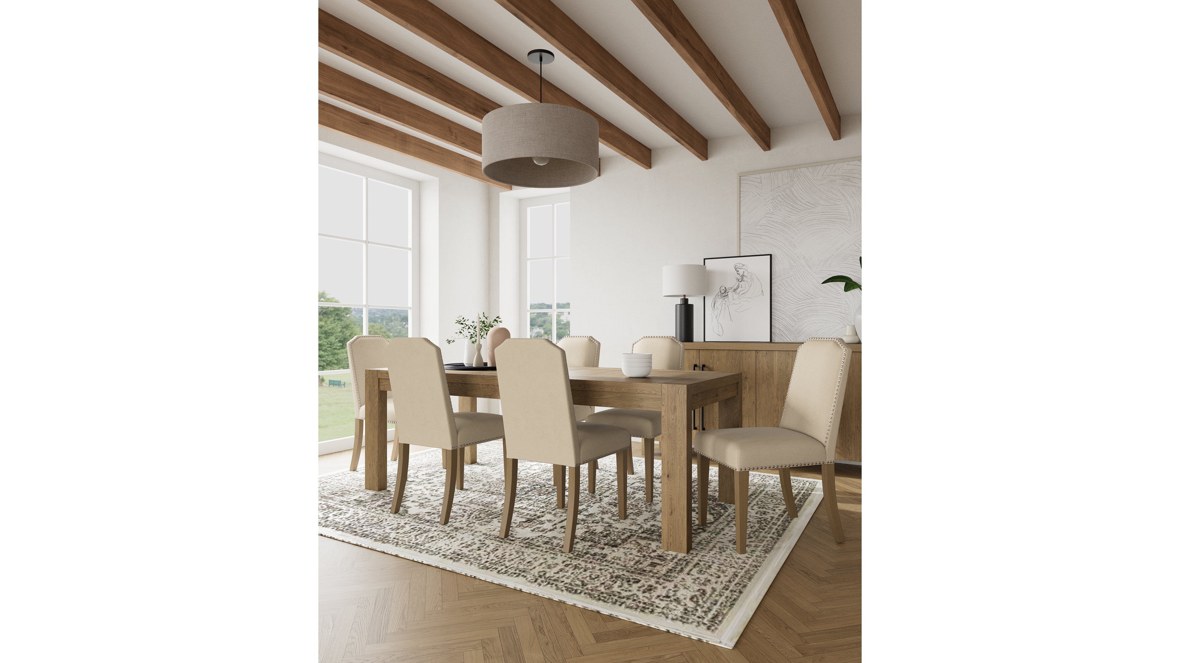 7pc Dining Set (Davie Rectangular Table & 6 Hinsen Chairs)