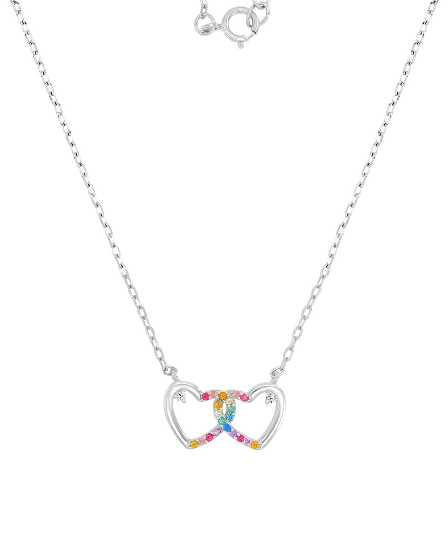 Multicolor Cubic Zirconia Interlocking Hearts Pendant Necklace in Sterling Silver 18"