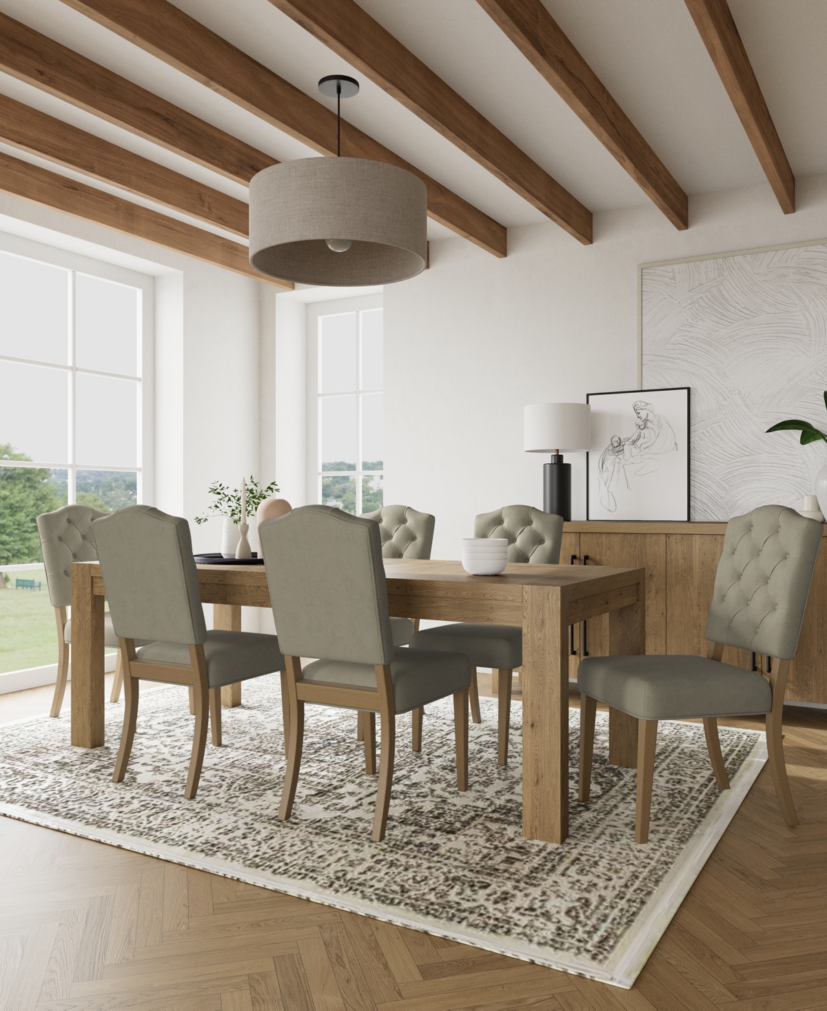MACY'S 7PC DINING SET (DAVIE RECTANGULAR TABLE & 6 JESILYN CHAIRS) 