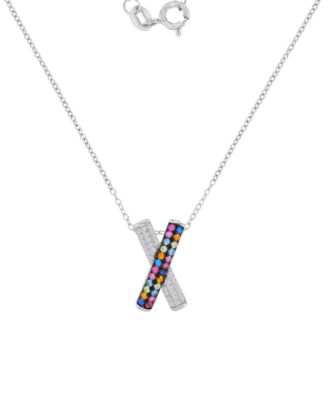 White and Multi-Color Cubic Zirconia Crisscross Pendant Necklace in Sterling Silver