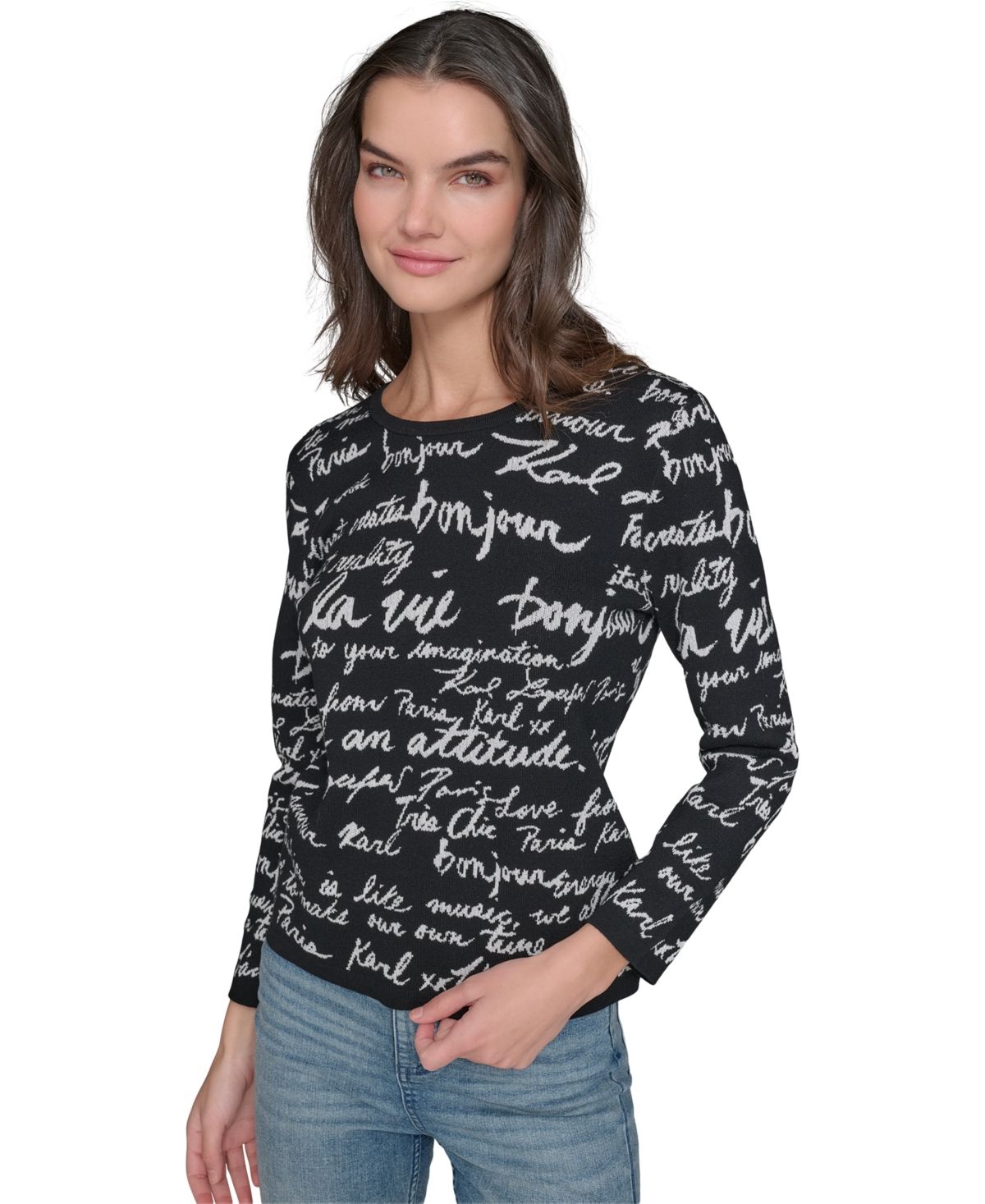 Women's Allover Script Sweater - Black  White