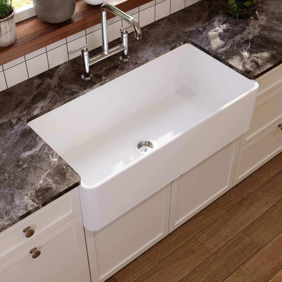 36" L X 18" W Fireclay Rectangular Single Bowl Farmhouse Kitchen Sink with Grid and Strainer - White