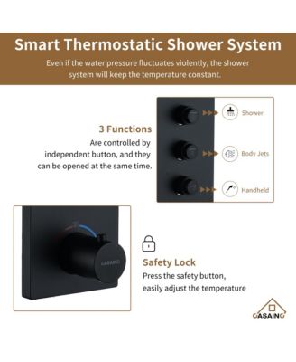 Wall Mount Thermostatic Shower System with 3 Functions and Body Jets
