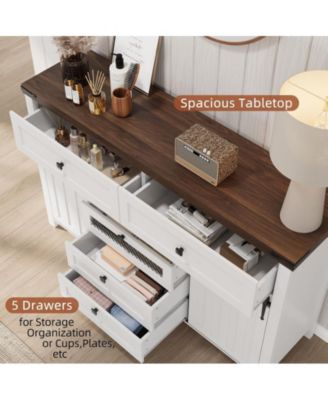 Farmhouse Buffet Cabinet, Sideboard Storage Cabinet with 5 Drawers and Sliding Barn Doors, Wood Coffee Bar Table with Adjustable Shelf for Living Room, Dining Room