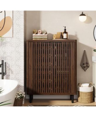 6-Tier Bathroom Floor Cabinet with 2 Louvered Doors, Large Wooden Bathroom Storage Cabinet with Adjustable Shelves, Freestanding Sideboard for Bathroom/Kitchen/Living Room, Dark Walnut