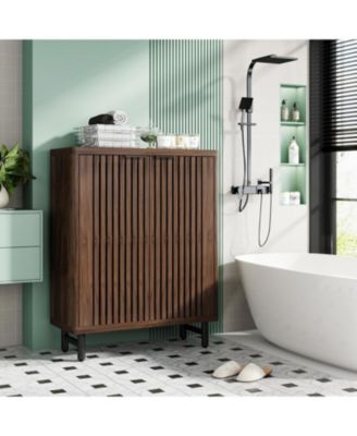 6-Tier Bathroom Floor Cabinet with 2 Louvered Doors, Large Wooden Bathroom Storage Cabinet with Adjustable Shelves, Freestanding Sideboard for Bathroom/Kitchen/Living Room, Dark Walnut