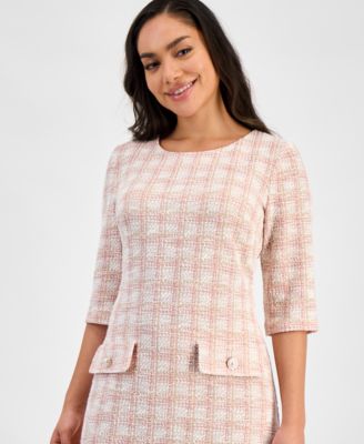 Petite Checkered Tweed 3/4-Sleeve Sheath Dress