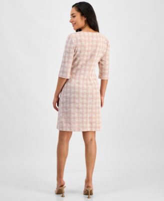 Petite Checkered Tweed 3/4-Sleeve Sheath Dress