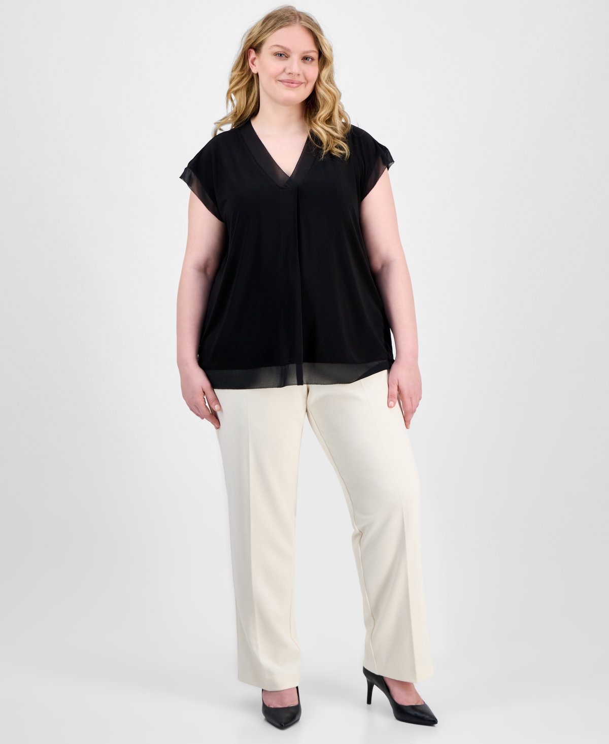 Anne Klein Plus Size V-neck Mixed-media Box-pleat Top In Anne Black