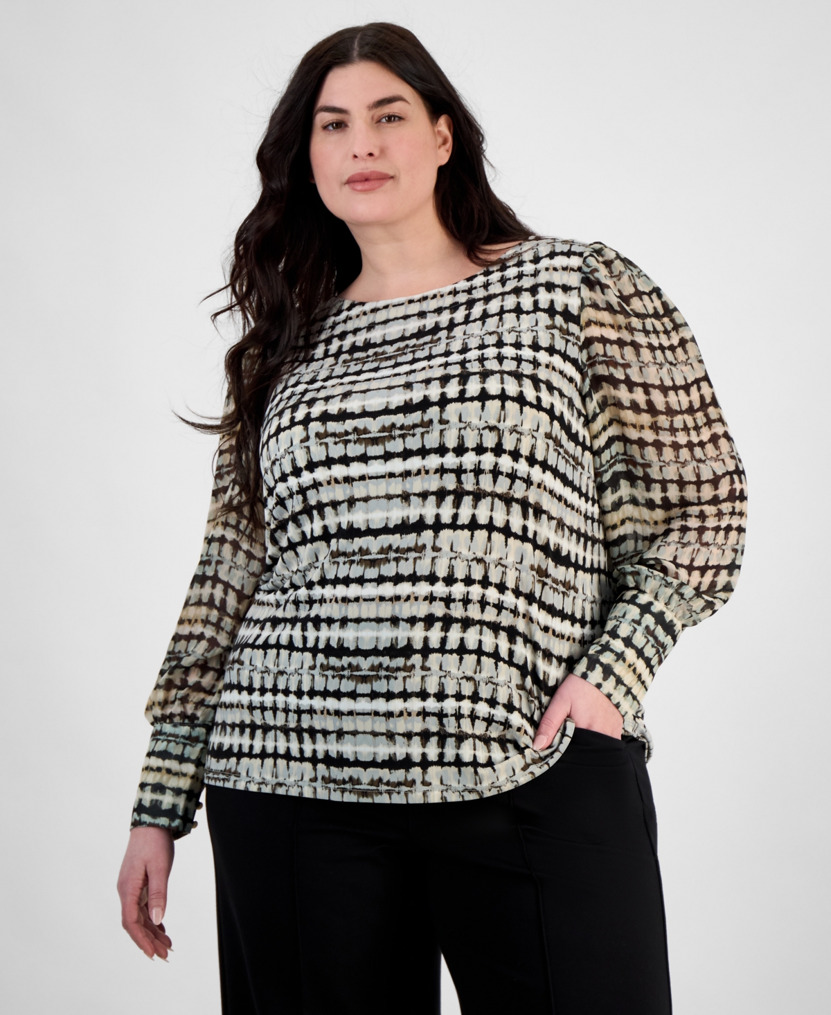 Anne Klein Plus Size Printed Chiffon Sheer-sleeve Top In Anne Black Multi