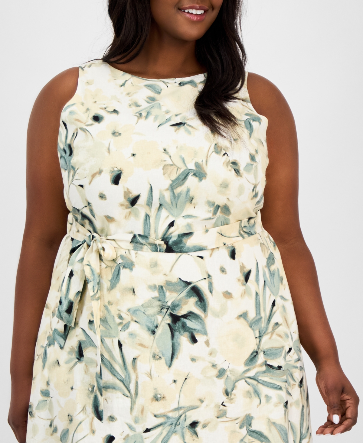 Anne Klein Plus Size Floral-print Linen-blend Fit & Flare Dress In White Dove Multi