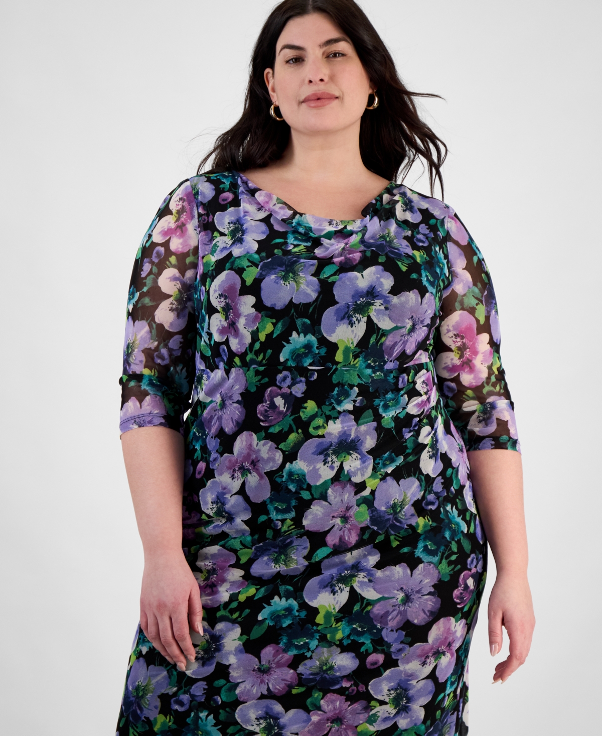 Connected Plus Size Printed Mesh 3/4-sleeve Sheath Dress In Blk