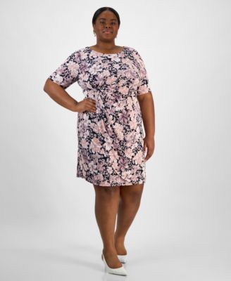 Connected - Plus Size Floral-Print Gathered-Waist Dress