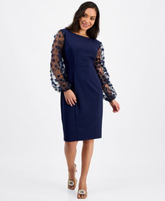 Connected - Petite Sheer-Sleeve Appliqu&eacute; Sheath Dress