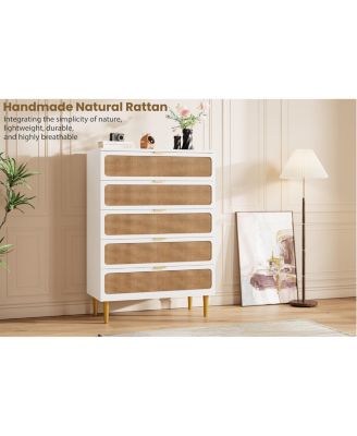 Rattan 5 Drawer Dresser for Bedroom, Tall Dresser with Deep Drawers