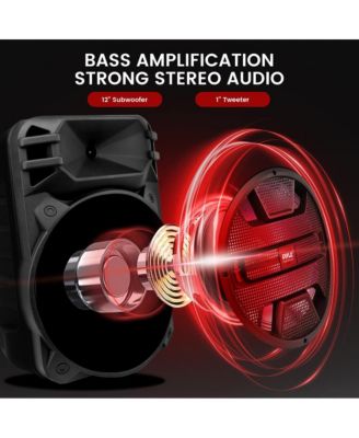 12" Portable Bluetooth PA Speaker System - Karaoke Speaker with DJ LED Lights, USB/FM/BT/Aux, Remote Control