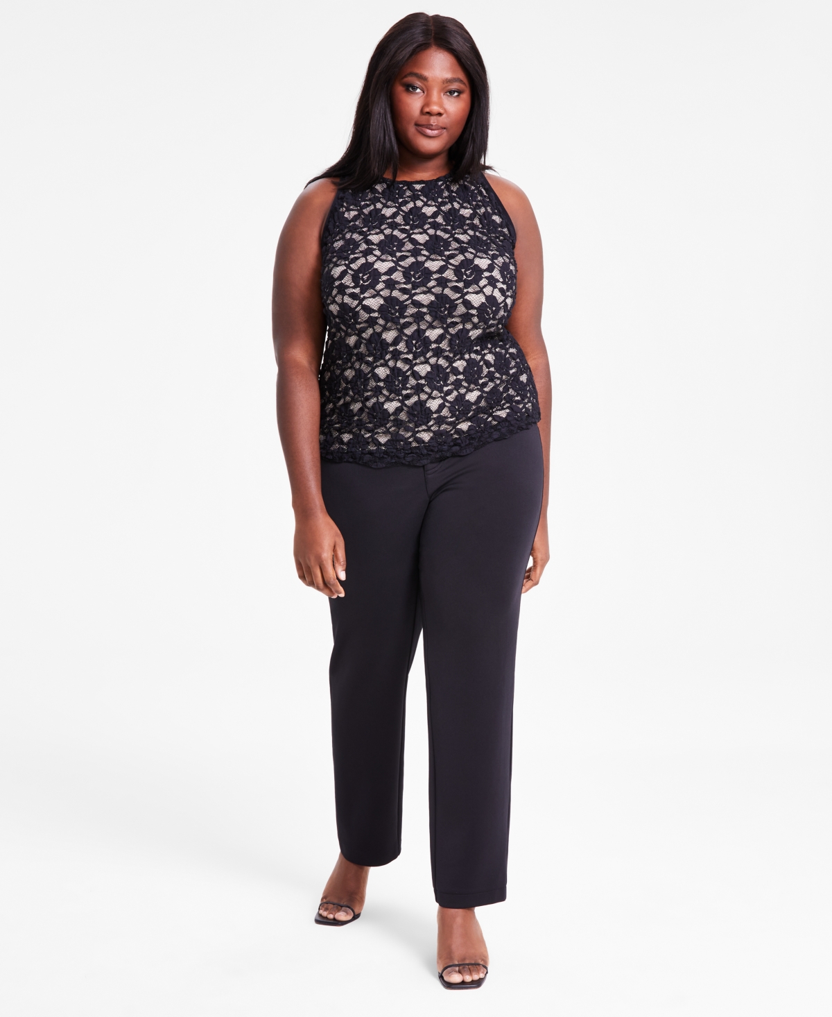 Bar Iii Trendy Plus Size Crewneck Sleeveless Lace Top, Exclusively At Macy's In Deep Black