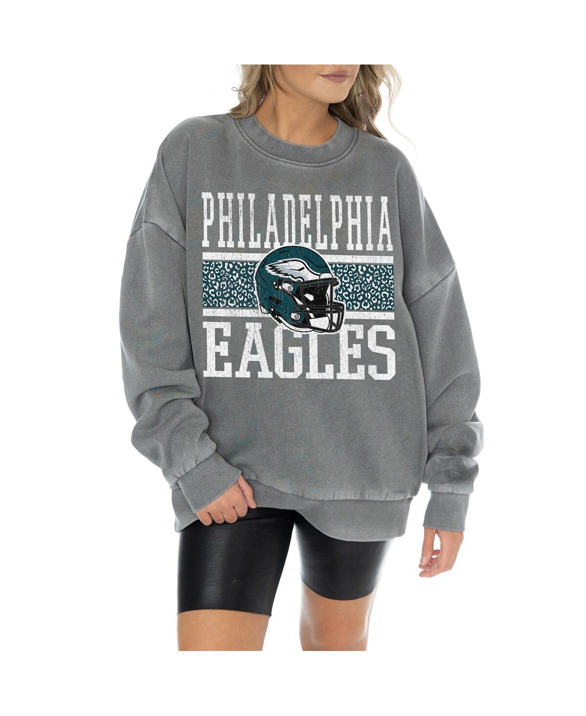 GAMEDAY COUTURE WOMEN'SÂ GRAY PHILADELPHIA EAGLES VINTAGE WASH OVERSIZED CREWNECK FLEECE PULLOVER 