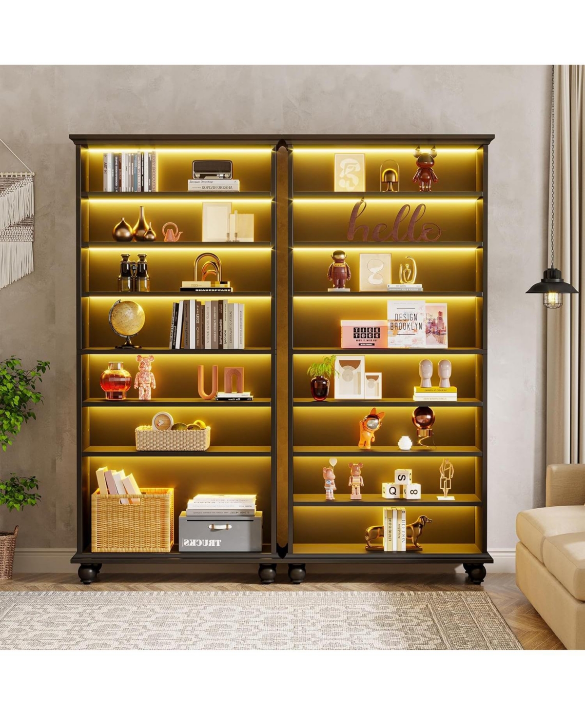 Tribesigns 2 Set 9-Tier Tall Bookcase with Led Lighting, 69" Modern Freestanding Bookshelf with Solid Wood Legs, Wooden Open Display Shelf Organizer f