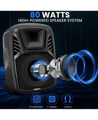 15" Portable Speaker – 80W Max, LED Lights, Wheels, Handles, Remote, Digital Amp, Rechargeable Battery – PA Loudspeaker System