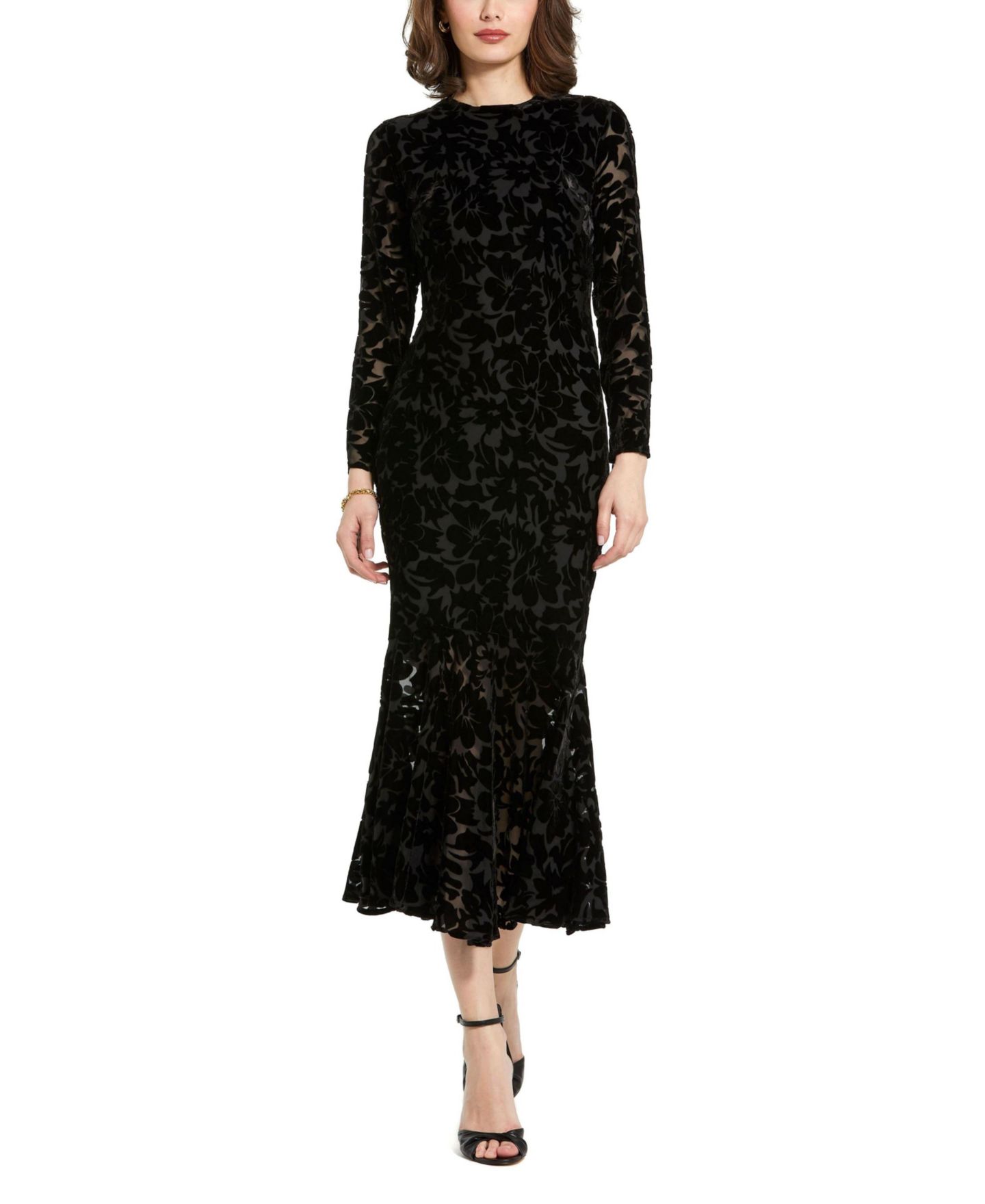 Женское платье Mac Duggal Burnout Velvet Long Sleeve Ruffle Hem Midi, цвет: Чёрный — фото 4