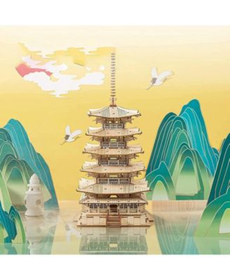 3D Puzzles Wooden Model DIY Pagoda Mechancial Construction Creative Jigsaw Craft Kits Gift , Beige, 6.3"6.3"12.6"