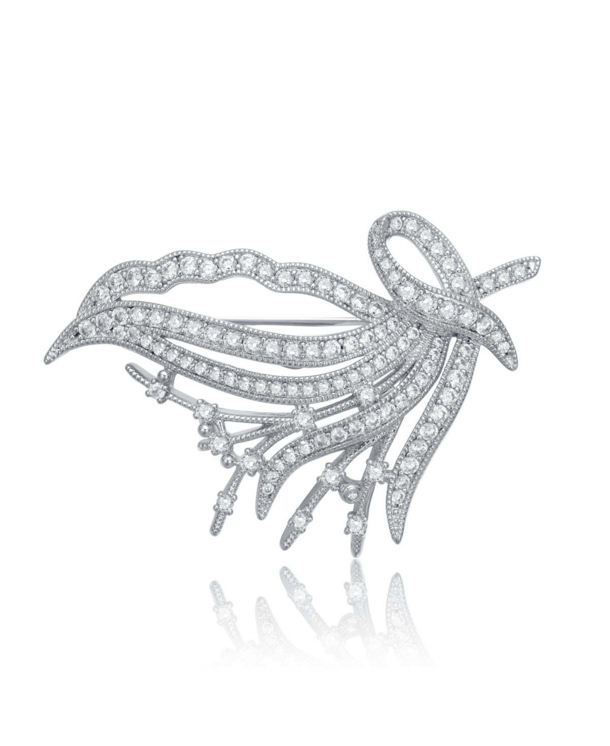 White Gold Plated with Clear Cubic Zirconia Flowing Petals Floral Brooch - White