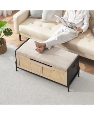 Rattan Storage Bench with 2 Safety Hinges, Storage Chest, Toy Box, Entryway Storage Bench Supports 260 lb, Toy Chest Organizer, Easy Assembly