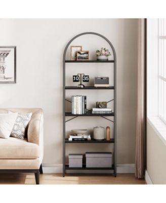 Bookshelf 5 Tier Bookcase Arched Display Racks Tall Standing Bookshelves Metal Frame Open Storage Rack Shelf Large Black Book Shelf for Bedroom, Living Room, Home Office