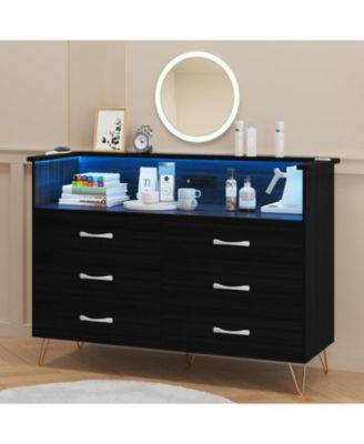 Dresser in Black Large Dresser for Bedroom with Power Outlet and LED Lights Storage Cabinet with 6 Drawers and 2 Open Shelves for Living Room, Foyer and Bedroom
