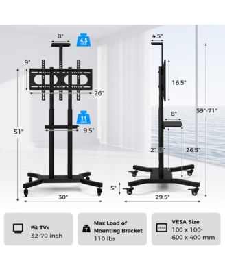 Mobile TV Stand for 32-70 inch Flat or Curved TVs up to 110 lbs w/AV Shelf