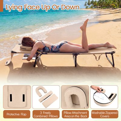 Folding Beach Sun Lounger Adjustable Face Down Tanning Chair w/ Face Hole and Removable Pillows Sand