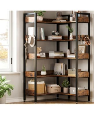 Convertible 5-Tier Corner Bookshelf with L-Shaped Industrial Design for Home Office, Living Room, or Study