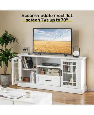 1 PC Wood Farmhouse TV Stand for TVs up to 70'' Media Center w/Glass Doors Cubbies & Drawer