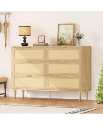 Rattan 6 Drawer Dresser, Farmhouse Wooden Chest of Drawers with 5 Metal Legs, Golden Handles, Wide Double Drawer Dresser for Bedroom