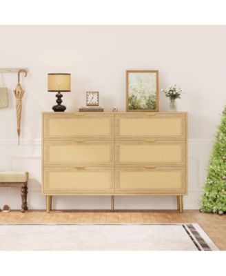 Rattan 6 Drawer Dresser, Farmhouse Wooden Chest of Drawers with 5 Metal Legs, Golden Handles, Wide Double Drawer Dresser for Bedroom, Living Room