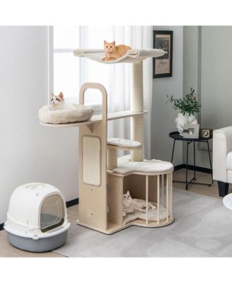 55'' Tall Cat Tree Tower Multi-Layer Wooden Activity Center w/ Rest Condo & Hammock