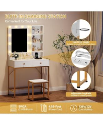 Vanity Desk with Mirror and Lights, Makeup Vanity with 2 Large Drawers and 3 Open Shelves, 3 Lighting Modes Brightness Adjustable, Bedroom