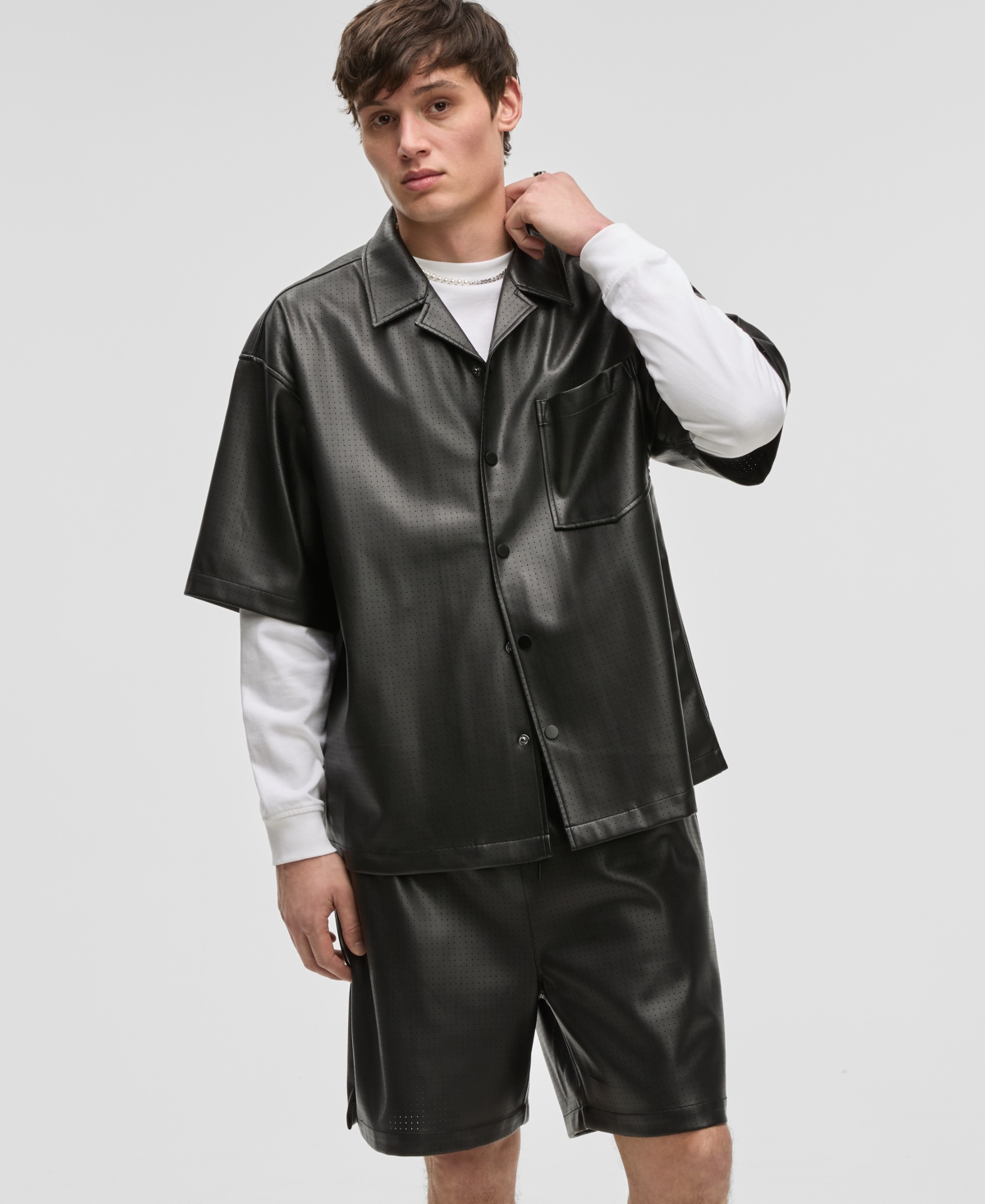 Men's Relaxed-Fit Perforated Faux-Leather Camp Shirt, Exclusively at Macy's - Deep Black