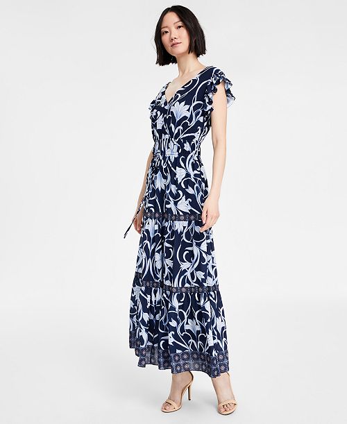 alfani Anne Klein Women's Printed Border-Trim Drawstring Maxi Dress Women's Fashion Shoes & Accessories