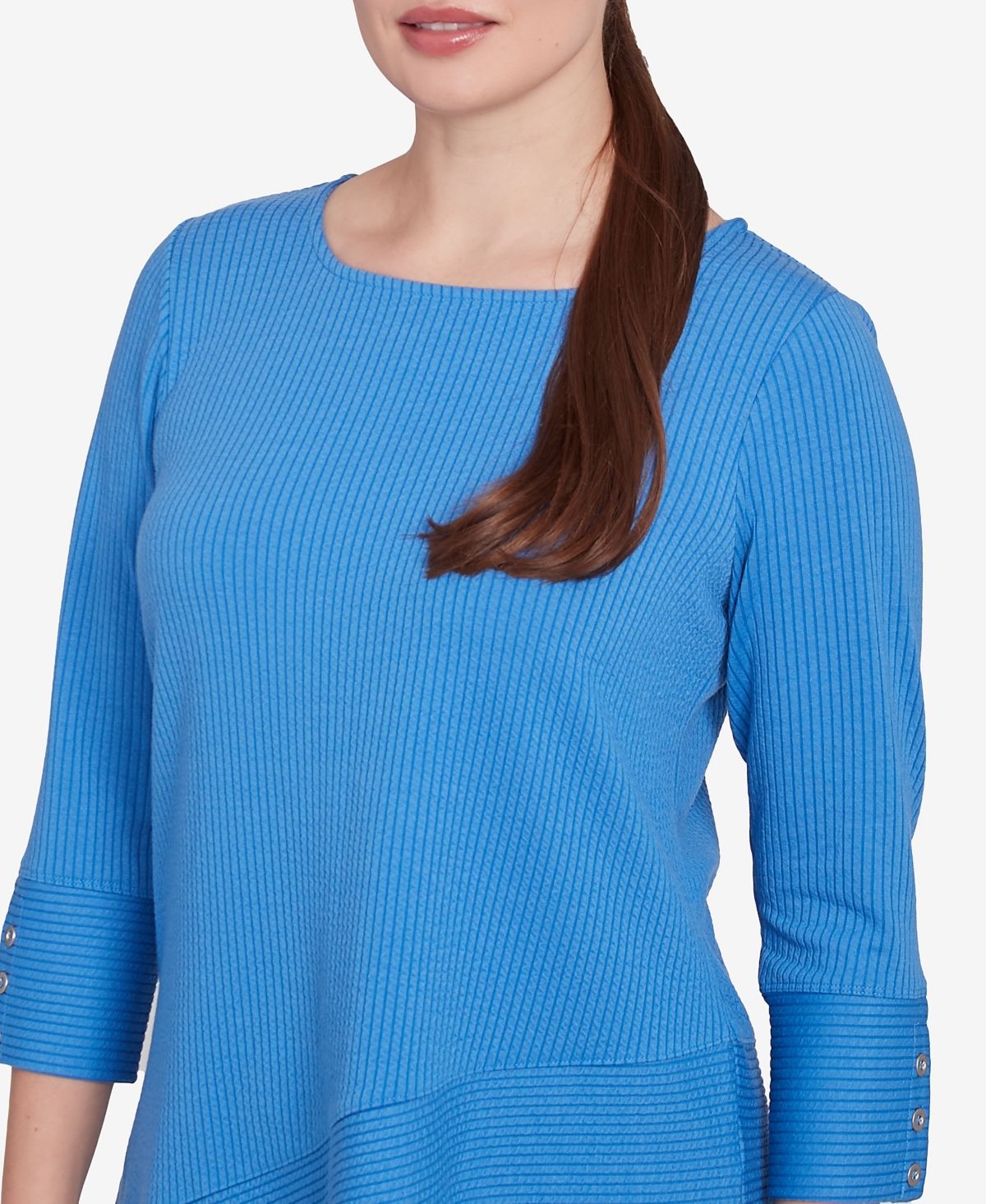 Ruby Rd. Petite Cable Stripe Ottoman Three Quarter Sleeve Top In Azure