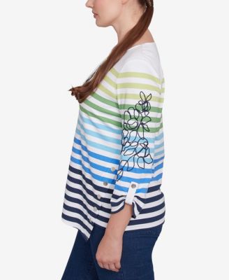 Petite Striped Embellished Three Quarter Sleeve Top