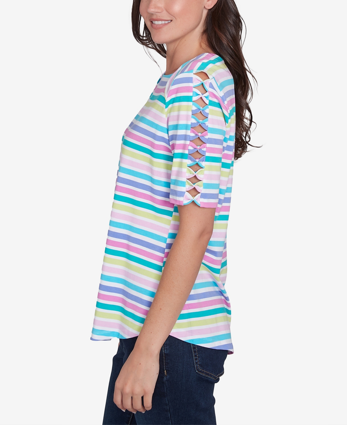 RUBY RD. PETITE OASIS STRIPE LADDER SLEEVE T-SHIRT 