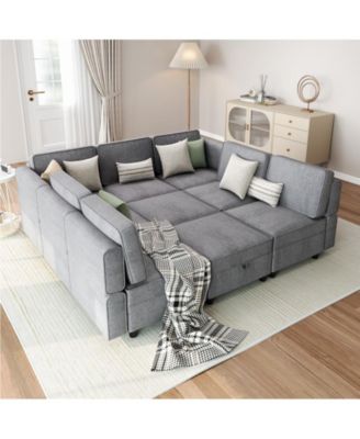 139.4" Chenille Reversible Sectional Sofa, 9-Seater Modular Sectional Sofa, Comfy Sectional Sleeper Sofa Couch with Chaise, U-Shape Modular Couch with Storage Seats & Ottomans, Grey